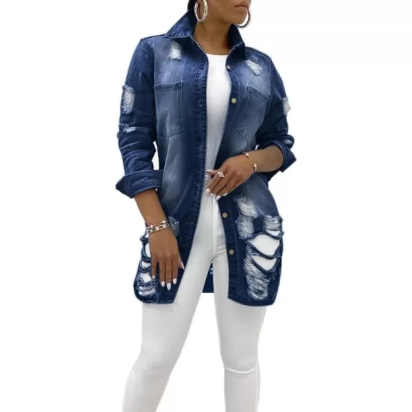 chouyatou Womens Spring Fall Wear Ripped Hole Casual Mid Long Denim Jacket CoatDark Blue