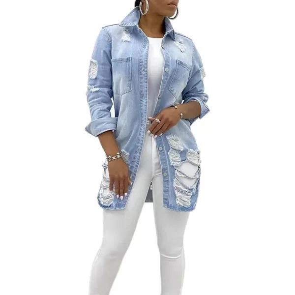chouyatou Womens Spring Fall Wear Ripped Hole Casual Mid Long Denim Jacket CoatLight Blue