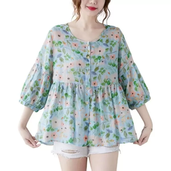 chouyatou Womens Summer Cute Floral Print Button Down Babydoll Cotton Linen Blouse ShirtsBlue