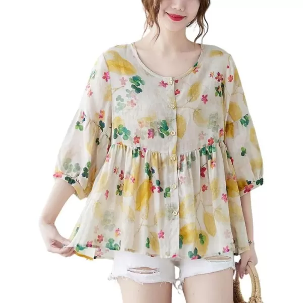 chouyatou Womens Summer Cute Floral Print Button Down Babydoll Cotton Linen Blouse ShirtsYellow
