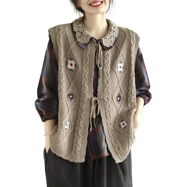 chouyatou Womens Vintage Flower Embroidered Lace Up Cable Knit Sleeveless Sweater VestKhaki