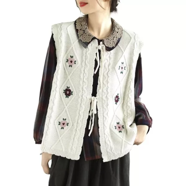 chouyatou Womens Vintage Flower Embroidered Lace Up Cable Knit Sleeveless Sweater VestWhite