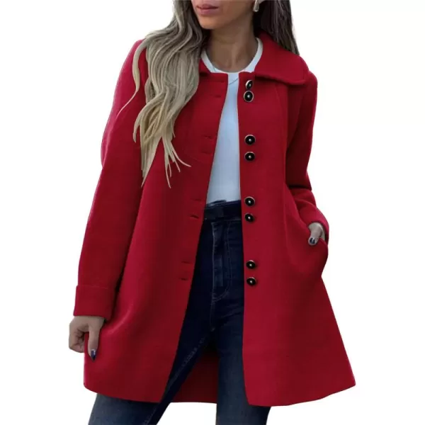 chouyatou Womens Winter Casual Lapel Collared Single Breasted Wool Pea Coat Elegant Wool Blend OvercoatRed