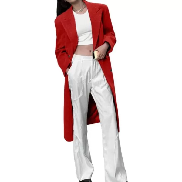 chouyatou Womens Winter Double Breasted Wool Pea Coat Elegant Lapel Office Work Wool Blend OvercoatRed