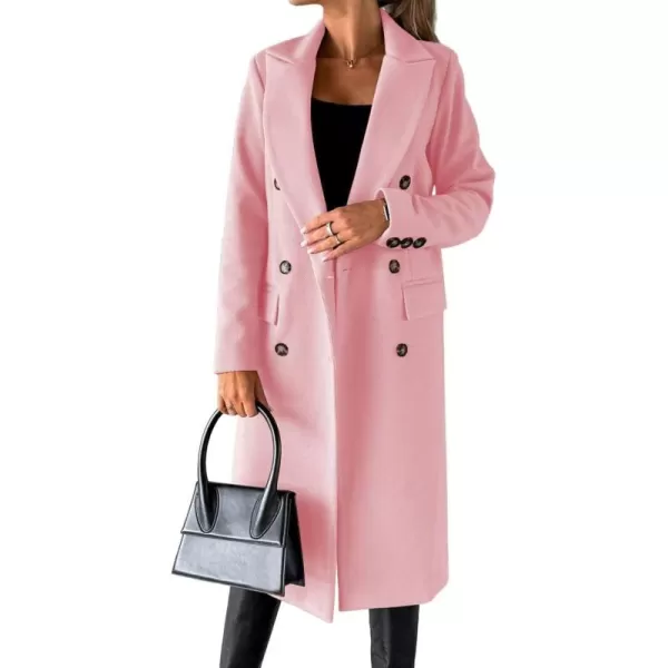 chouyatou Womens Winter Wool Coat Double Breasted Lapel Long Pea Coat OvercoatPink