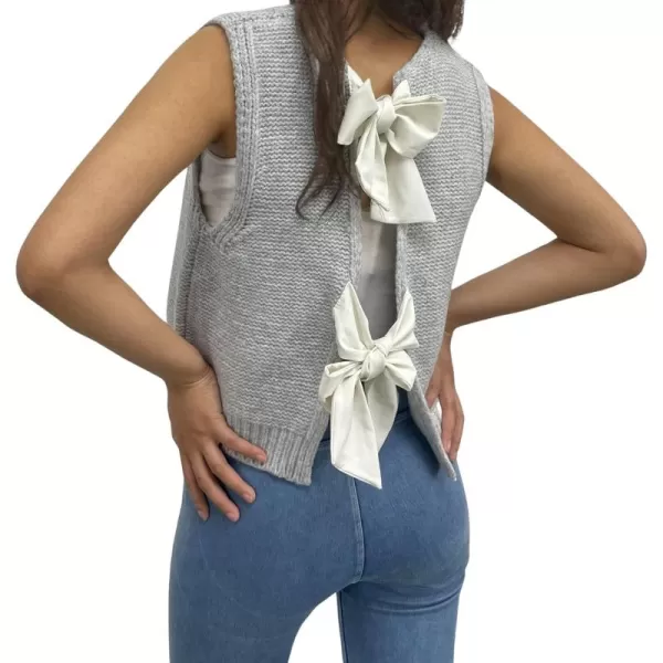 chouyatou Womens Y2K Backless Crop Sweater Vest Back Tie Knot Crewneck Sleeveless Knit Vest Tank TopsGray