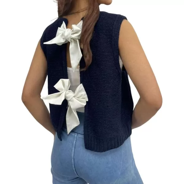 chouyatou Womens Y2K Backless Crop Sweater Vest Back Tie Knot Crewneck Sleeveless Knit Vest Tank TopsNavy