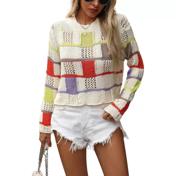 chouyatou Womens Y2k Striped Crochet Sweater Crop Top Boho Plaid Color Block Long Sleeve Sweater TopsApricot