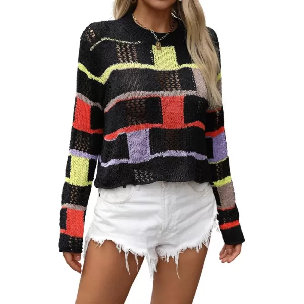 chouyatou Womens Y2k Striped Crochet Sweater Crop Top Boho Plaid Color Block Long Sleeve Sweater TopsBlack