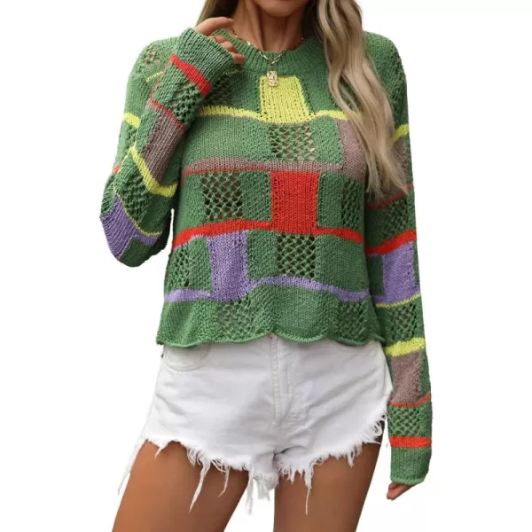 chouyatou Womens Y2k Striped Crochet Sweater Crop Top Boho Plaid Color Block Long Sleeve Sweater TopsGreen