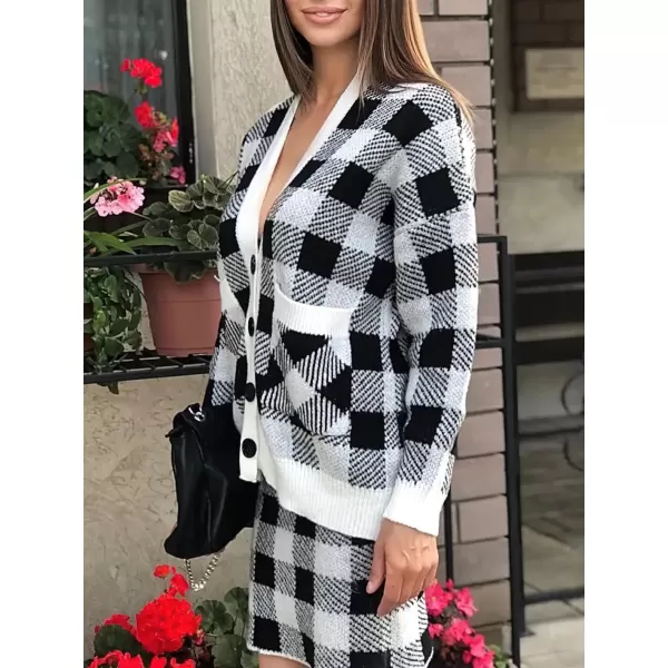 chouyatou Women 2 Piece Sweater Skirt Sets Plaid Knit Sweater Cardigan jacket Bodycon Mini Skirt OutfitsBlack