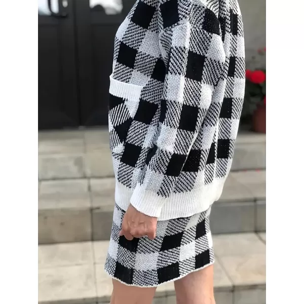 chouyatou Women 2 Piece Sweater Skirt Sets Plaid Knit Sweater Cardigan jacket Bodycon Mini Skirt OutfitsBlack