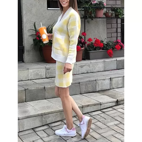 chouyatou Women 2 Piece Sweater Skirt Sets Plaid Knit Sweater Cardigan jacket Bodycon Mini Skirt OutfitsYellow