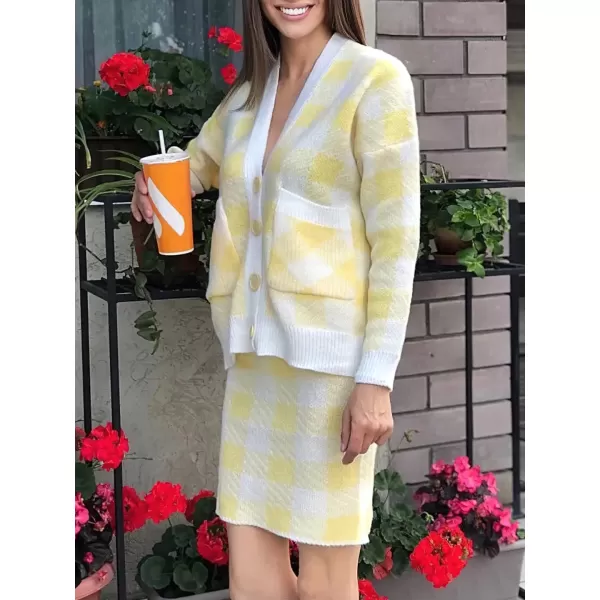 chouyatou Women 2 Piece Sweater Skirt Sets Plaid Knit Sweater Cardigan jacket Bodycon Mini Skirt OutfitsYellow