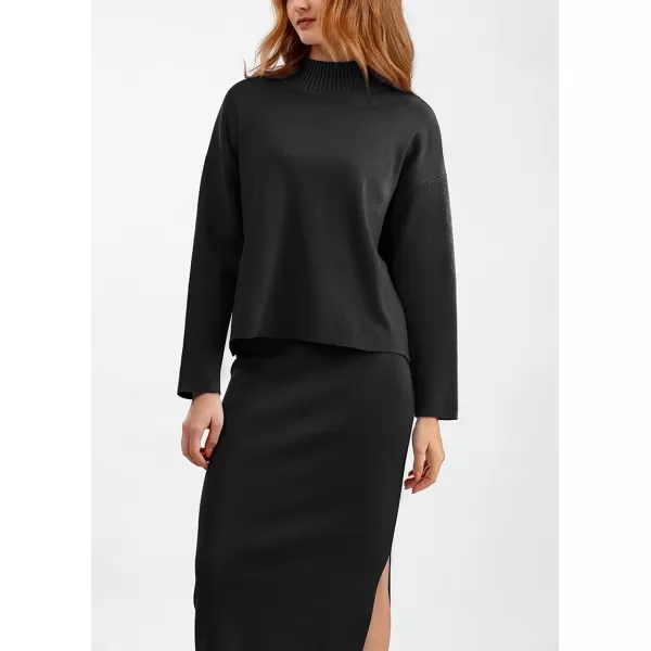 chouyatou Womens 2 Piece Outfits Knit Sweater Sets Mock Neck Sweater Top Side Split Bodycon Skirt SetsBlack