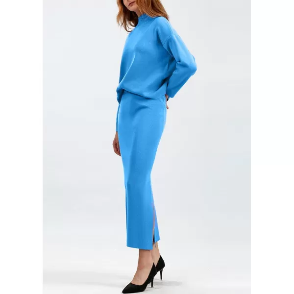 chouyatou Womens 2 Piece Outfits Knit Sweater Sets Mock Neck Sweater Top Side Split Bodycon Skirt SetsBlue
