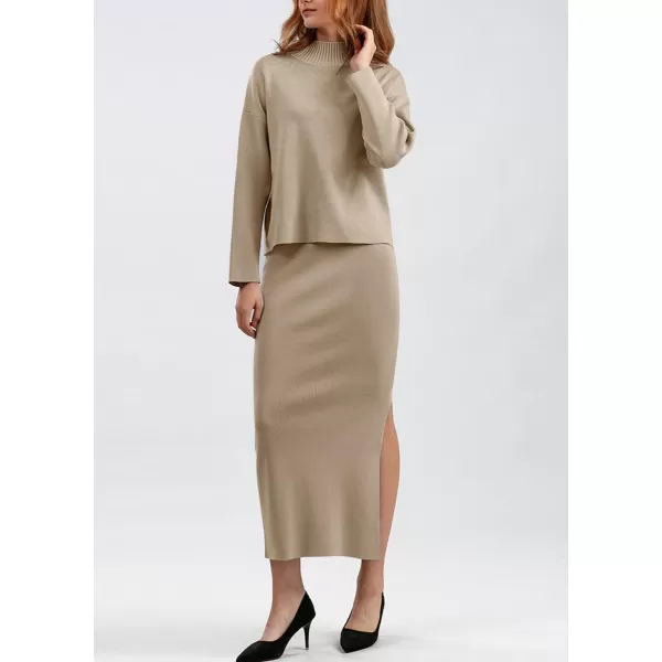 chouyatou Womens 2 Piece Outfits Knit Sweater Sets Mock Neck Sweater Top Side Split Bodycon Skirt SetsKhaki