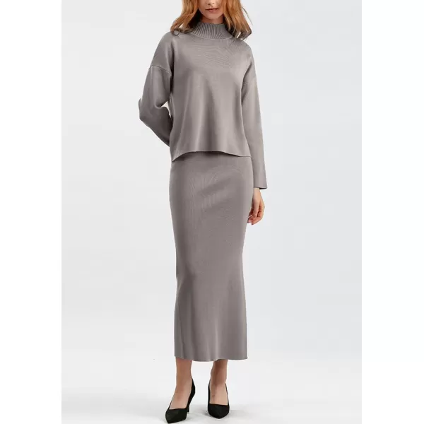 chouyatou Womens 2 Piece Outfits Knit Sweater Sets Mock Neck Sweater Top Side Split Bodycon Skirt SetsKhaki Grey