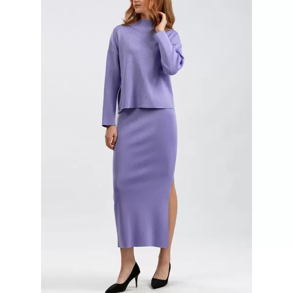 chouyatou Womens 2 Piece Outfits Knit Sweater Sets Mock Neck Sweater Top Side Split Bodycon Skirt SetsPurple