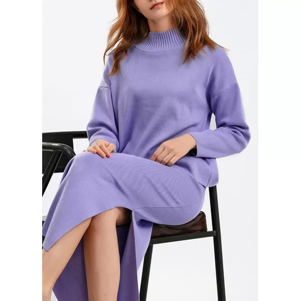chouyatou Womens 2 Piece Outfits Knit Sweater Sets Mock Neck Sweater Top Side Split Bodycon Skirt SetsPurple