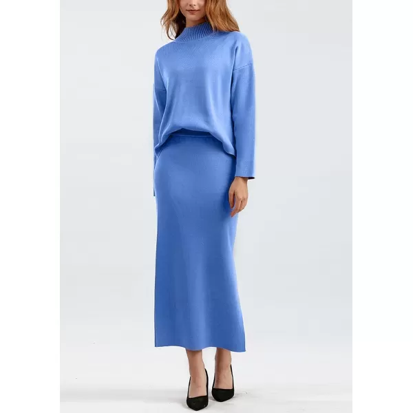 chouyatou Womens 2 Piece Outfits Knit Sweater Sets Mock Neck Sweater Top Side Split Bodycon Skirt SetsPurplish Blue