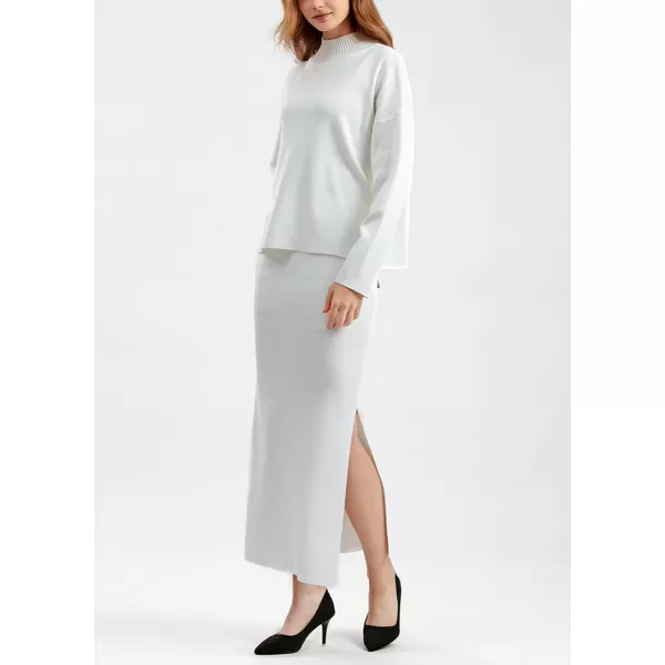 chouyatou Womens 2 Piece Outfits Knit Sweater Sets Mock Neck Sweater Top Side Split Bodycon Skirt SetsWhite