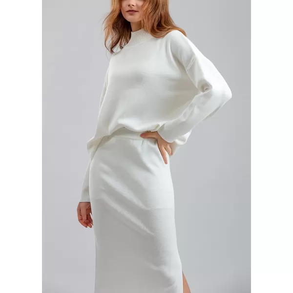 chouyatou Womens 2 Piece Outfits Knit Sweater Sets Mock Neck Sweater Top Side Split Bodycon Skirt SetsWhite