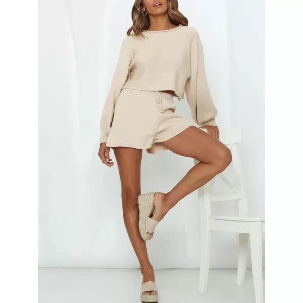 chouyatou Womens 2 Piece Outfits Lantern Sleeve Crop Knit Pullover Sweater Top Shorts SetsBeige