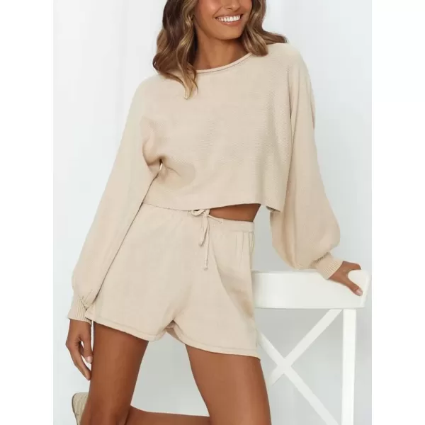 chouyatou Womens 2 Piece Outfits Lantern Sleeve Crop Knit Pullover Sweater Top Shorts SetsBeige