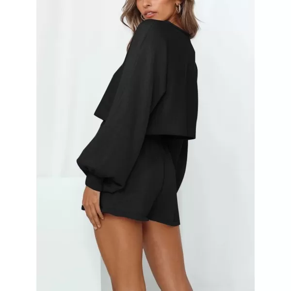 chouyatou Womens 2 Piece Outfits Lantern Sleeve Crop Knit Pullover Sweater Top Shorts SetsBlack