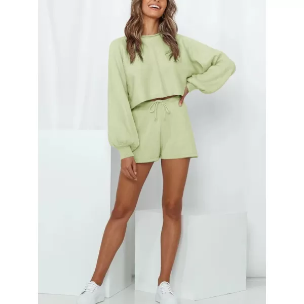 chouyatou Womens 2 Piece Outfits Lantern Sleeve Crop Knit Pullover Sweater Top Shorts SetsGreen