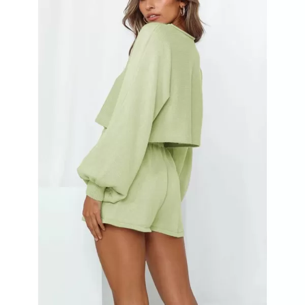 chouyatou Womens 2 Piece Outfits Lantern Sleeve Crop Knit Pullover Sweater Top Shorts SetsGreen