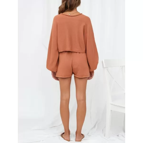 chouyatou Womens 2 Piece Outfits Lantern Sleeve Crop Knit Pullover Sweater Top Shorts SetsOrange
