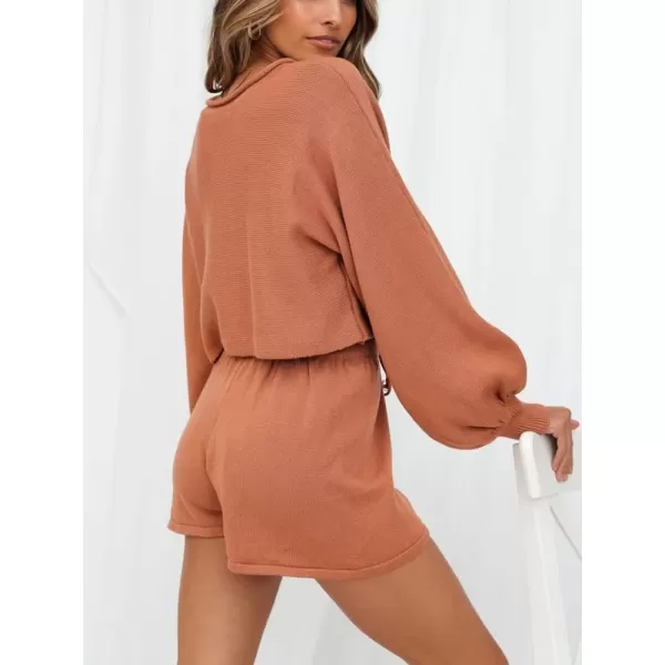 chouyatou Womens 2 Piece Outfits Lantern Sleeve Crop Knit Pullover Sweater Top Shorts SetsOrange