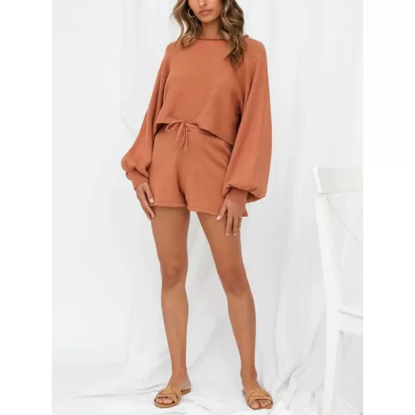 chouyatou Womens 2 Piece Outfits Lantern Sleeve Crop Knit Pullover Sweater Top Shorts SetsOrange