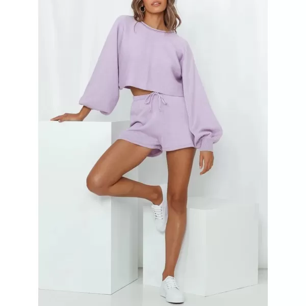 chouyatou Womens 2 Piece Outfits Lantern Sleeve Crop Knit Pullover Sweater Top Shorts SetsPurple