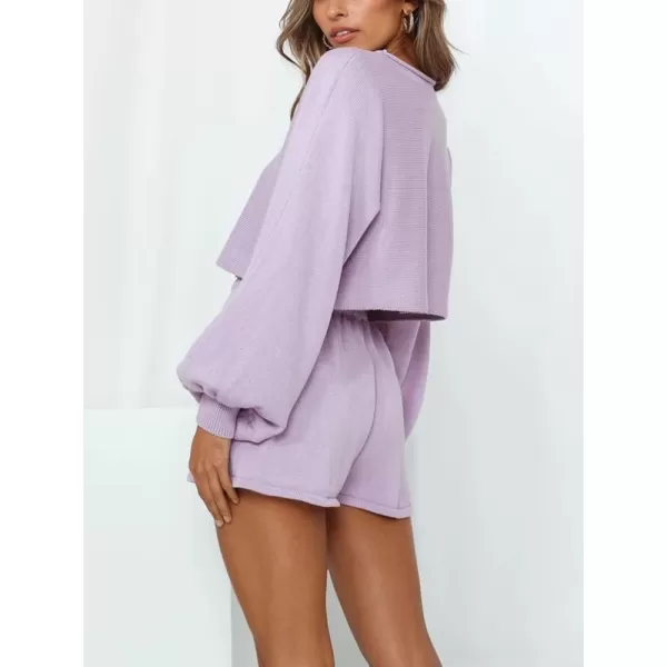 chouyatou Womens 2 Piece Outfits Lantern Sleeve Crop Knit Pullover Sweater Top Shorts SetsPurple