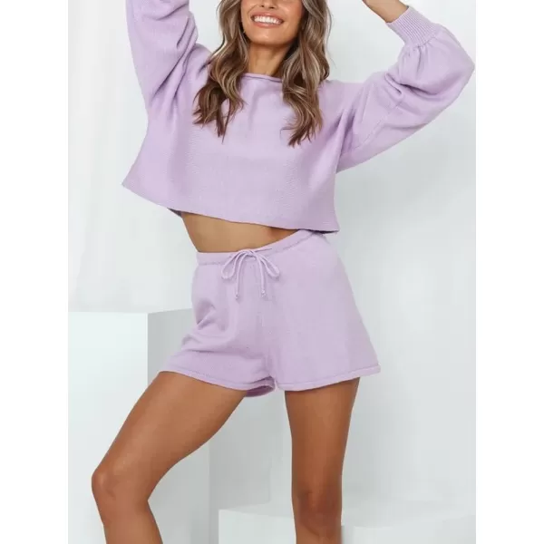 chouyatou Womens 2 Piece Outfits Lantern Sleeve Crop Knit Pullover Sweater Top Shorts SetsPurple
