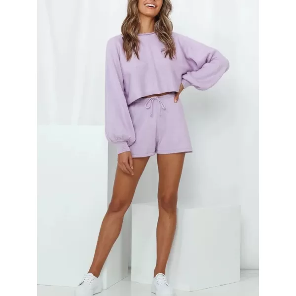 chouyatou Womens 2 Piece Outfits Lantern Sleeve Crop Knit Pullover Sweater Top Shorts SetsPurple