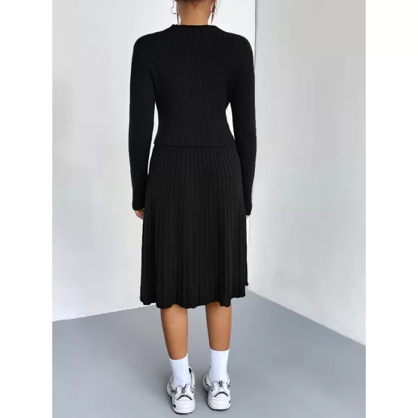 chouyatou Womens 2 Piece Outfits Long Sleeve Sweater Crop Top and Elastic Waist Aline Pleated Midi Skirt SetsBlack