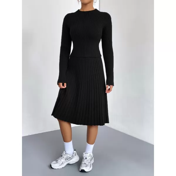 chouyatou Womens 2 Piece Outfits Long Sleeve Sweater Crop Top and Elastic Waist Aline Pleated Midi Skirt SetsBlack