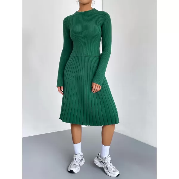 chouyatou Womens 2 Piece Outfits Long Sleeve Sweater Crop Top and Elastic Waist Aline Pleated Midi Skirt SetsGreen