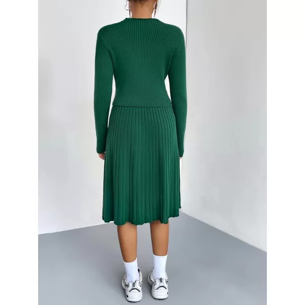 chouyatou Womens 2 Piece Outfits Long Sleeve Sweater Crop Top and Elastic Waist Aline Pleated Midi Skirt SetsGreen