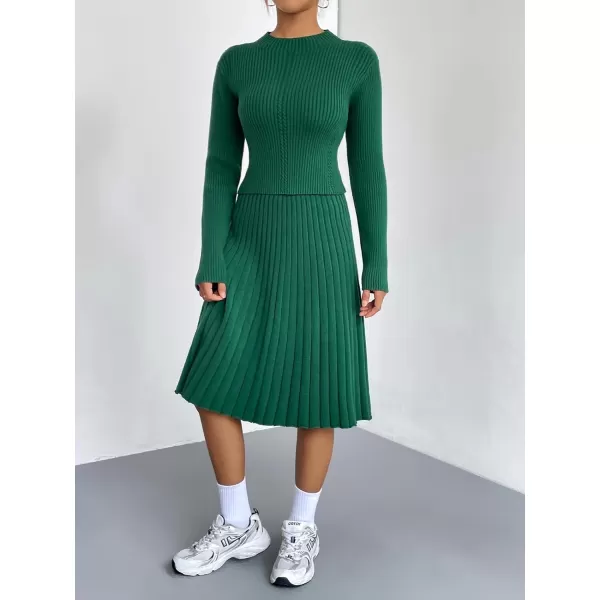 chouyatou Womens 2 Piece Outfits Long Sleeve Sweater Crop Top and Elastic Waist Aline Pleated Midi Skirt SetsGreen