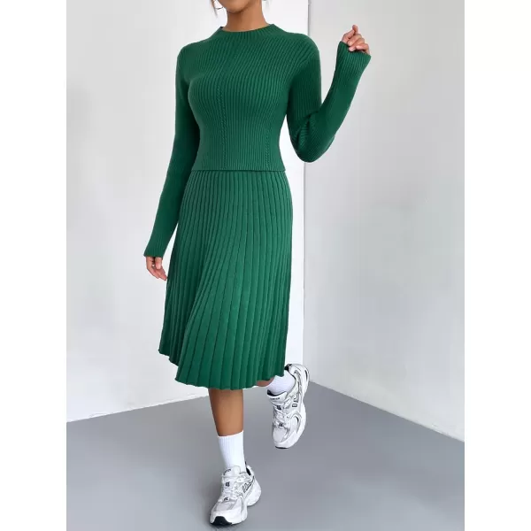 chouyatou Womens 2 Piece Outfits Long Sleeve Sweater Crop Top and Elastic Waist Aline Pleated Midi Skirt SetsGreen