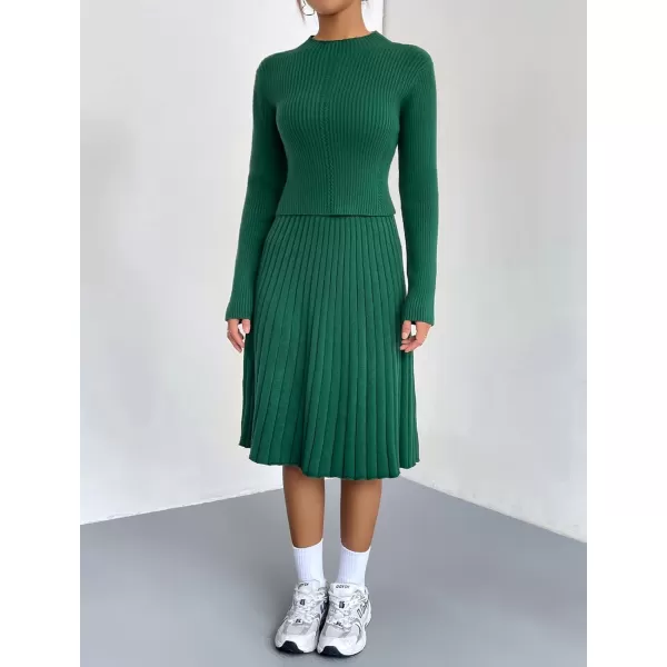 chouyatou Womens 2 Piece Outfits Long Sleeve Sweater Crop Top and Elastic Waist Aline Pleated Midi Skirt SetsGreen