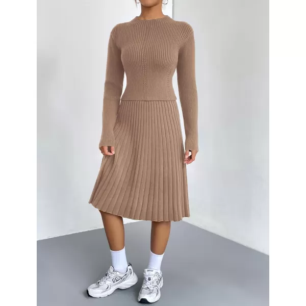 chouyatou Womens 2 Piece Outfits Long Sleeve Sweater Crop Top and Elastic Waist Aline Pleated Midi Skirt SetsKhaki