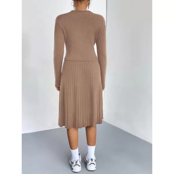 chouyatou Womens 2 Piece Outfits Long Sleeve Sweater Crop Top and Elastic Waist Aline Pleated Midi Skirt SetsKhaki