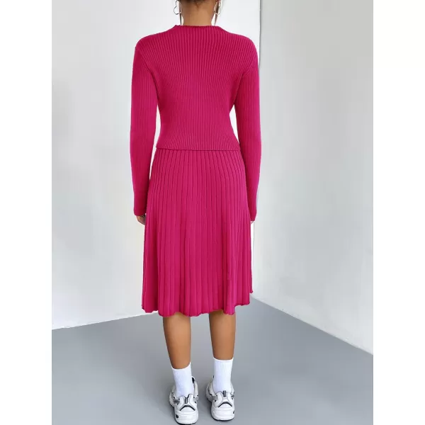 chouyatou Womens 2 Piece Outfits Long Sleeve Sweater Crop Top and Elastic Waist Aline Pleated Midi Skirt SetsRose Red