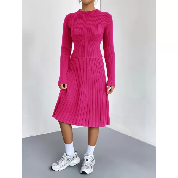 chouyatou Womens 2 Piece Outfits Long Sleeve Sweater Crop Top and Elastic Waist Aline Pleated Midi Skirt SetsRose Red